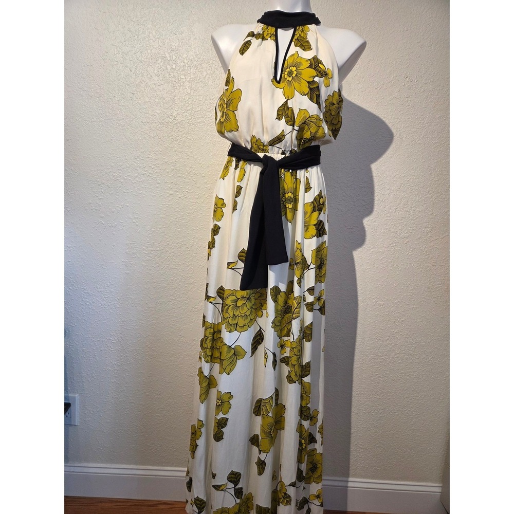 Eva Mendes New York & Company‎ Yellow Floral Halter Maxi Dress Womens Small Sash